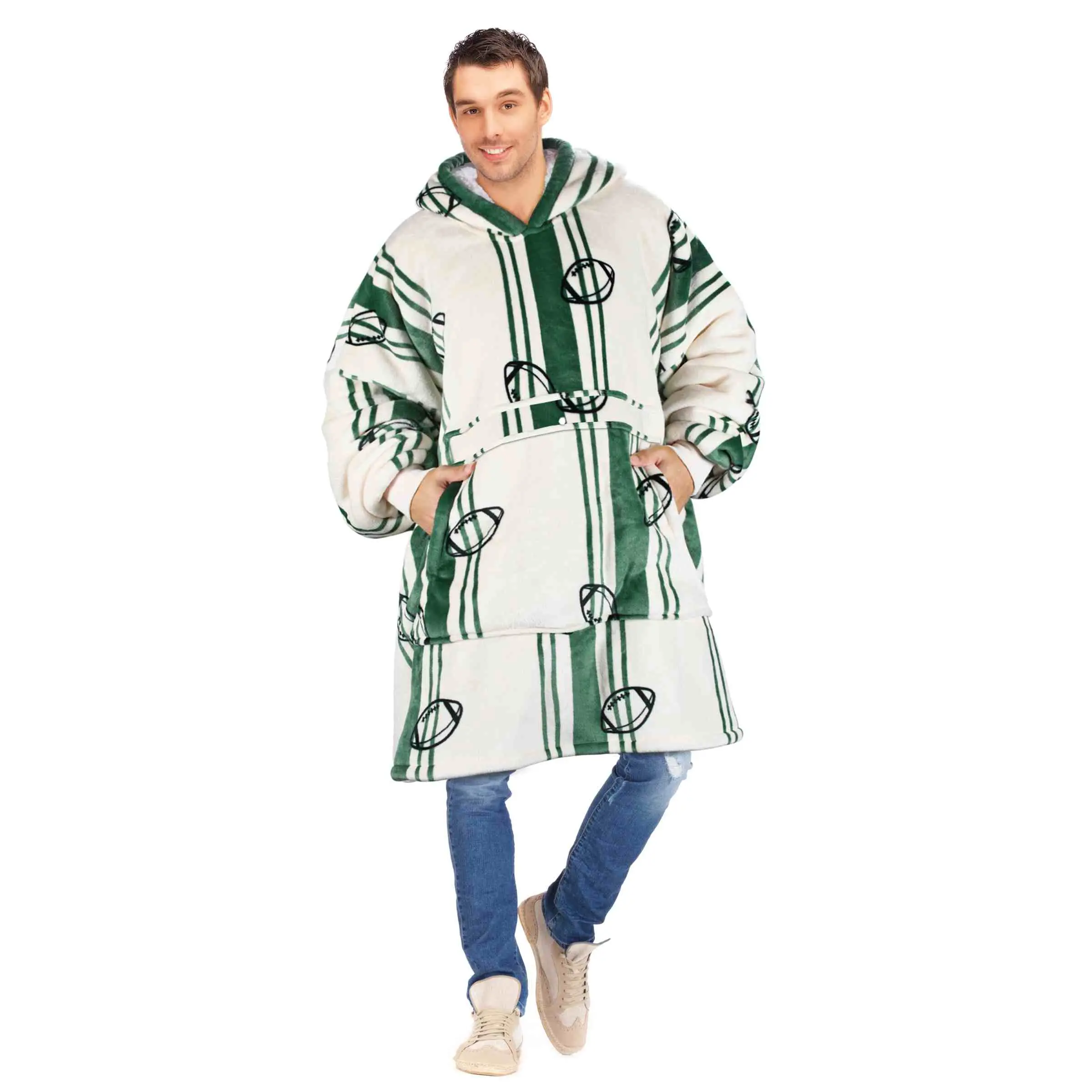 White Football Field Oversized Double Layer Hoodie Blanket