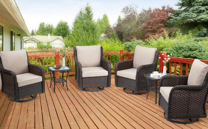 GARVEE 3 Pieces Rattan Swivel Rocking Chair Outdoor, Patio Bistro Conversation Furniture Set, Wicker Chair with Cushions and Table