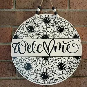 Sunflower Doorhanger Welcome Sign with Black and White Floral Design for Home Decor