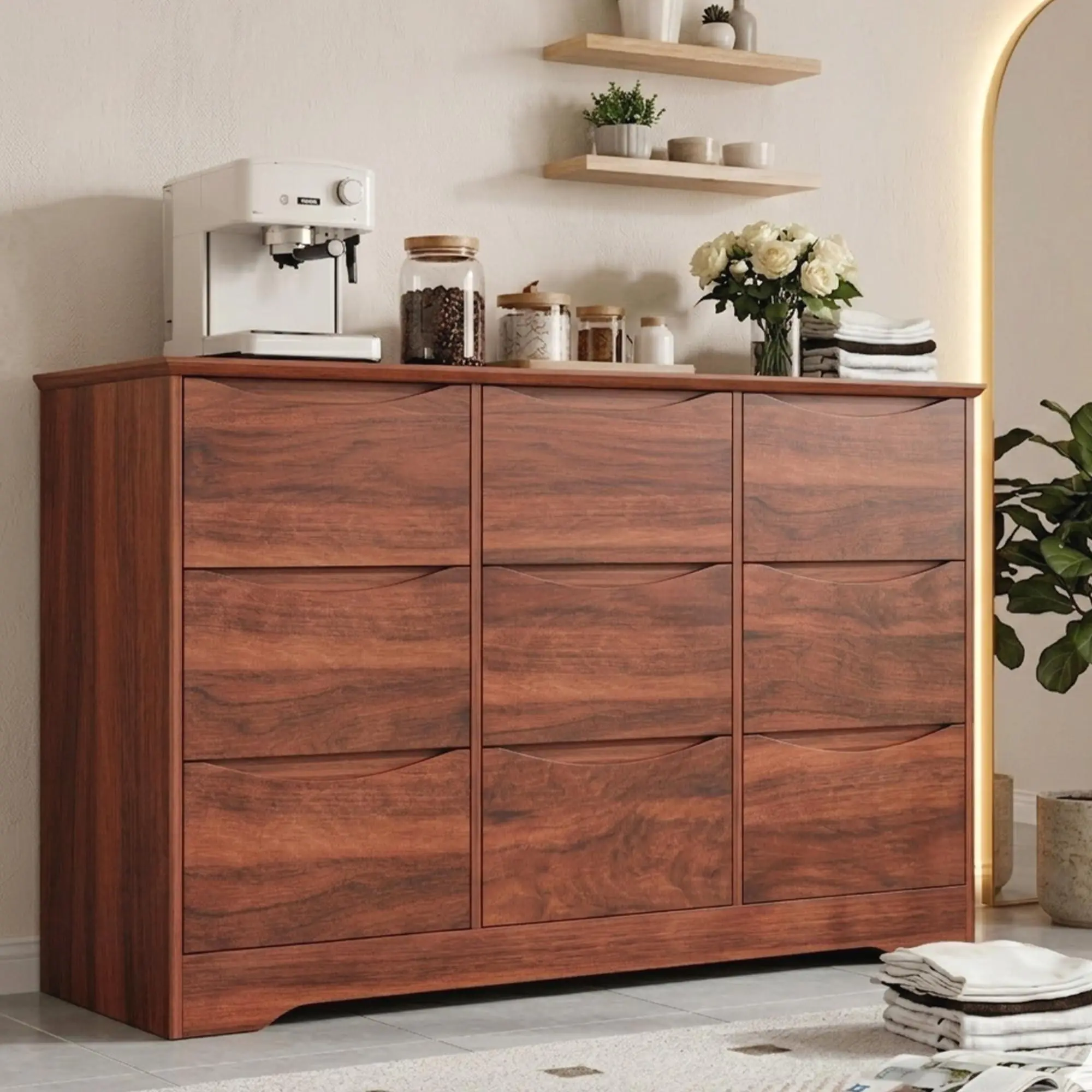 Red Walnut Chest Dresser - 9-Drawer Modern Tall Single Unit Indoor Furniture with Deep Storage, Wide Top, Wide Base for Bedroom, Kids Room, Solid Wood Dresser