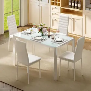 5 Pieces Modern Dining Table Set, Tempered Glass Table With 4 High Back PU Leather Chairs, Sturdy Metal Frame, Ergonomic Seating, Space Saving Design For Living Room Kitchen And Dining Room