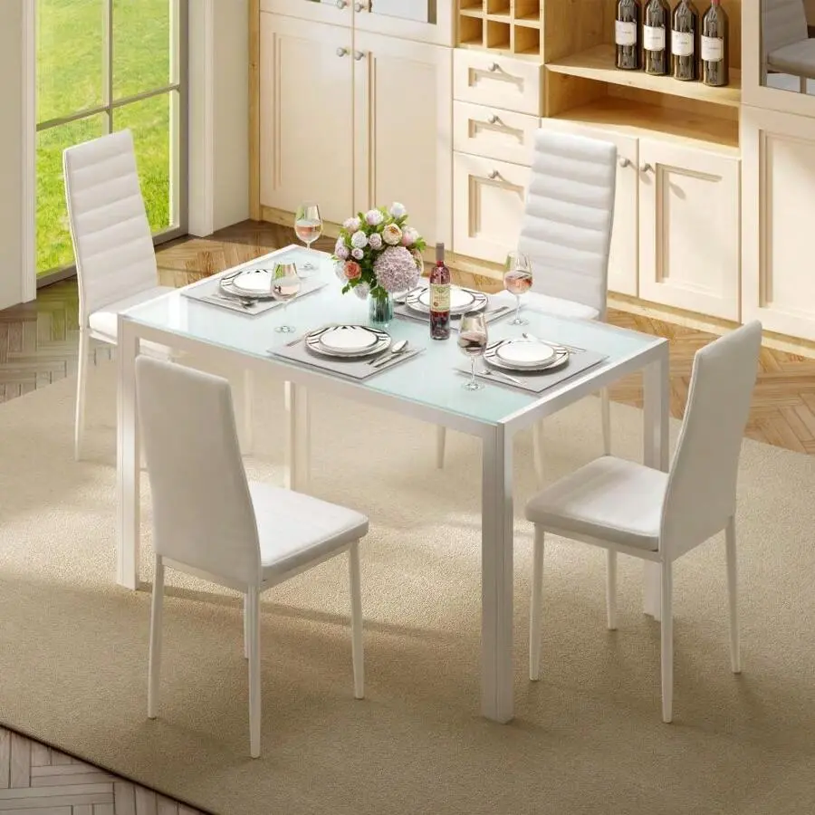 5 Pieces Modern Living Room Dining Table Set, Glass Dining Table For 4, High Back PU Leather Chairs For Living Room, Kitchen And Dining Room Furniture Set Apartment Furniture