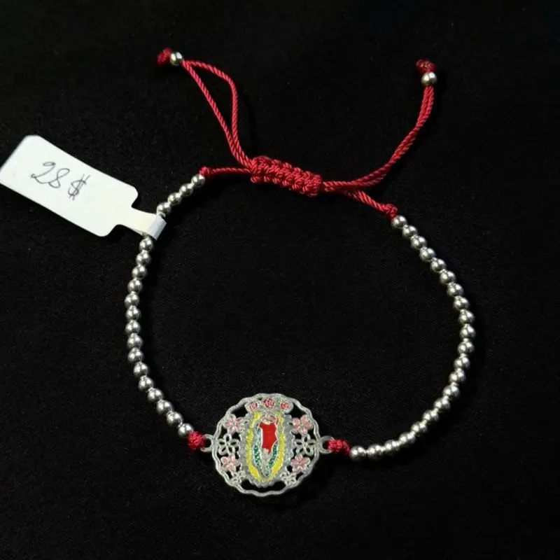 Our Lady of Guadalupe Virgin Mary Red Cord Adjustable Beaded Bracelet Silver