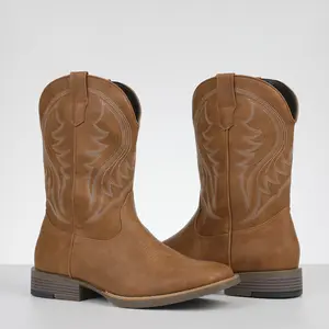 Cowboy Boots for Men Square Toe Classic Embroidered Wide Calf Mid Calf Booties Chunky Block Heel Western Country Dance Boots for Party Outdoor Festival Dress Shoes