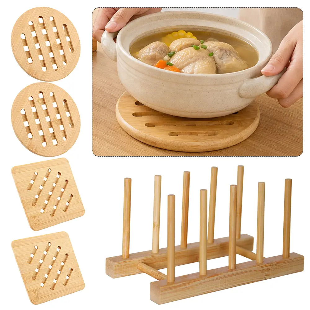 Bamboo Trivet Kitchen Bamboo Hot Pads Trivet Natural Bamboo Trivet Mat Set for Hot Dishes/Pot/Bowl/Teapot/Hot Pot Holders, 2 Square + 2 Round + 1 Storage Rack