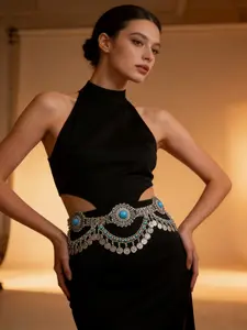 Fashion Gypsy Silver Color Plated Alloy Coin Blue Resin Bead Necklace, Stylish Jewelry for Women, Unique Gift Idea