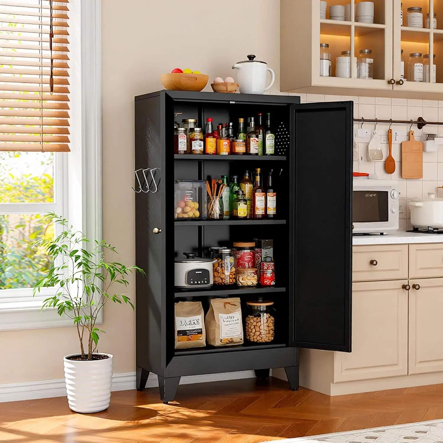 47" Black Freestanding Kitchen Pantry Cabinet - 5-Tier Adjustable Shelves, 2-Door Metal Cupboard with Handle for Kitchen Use, Assembly Required