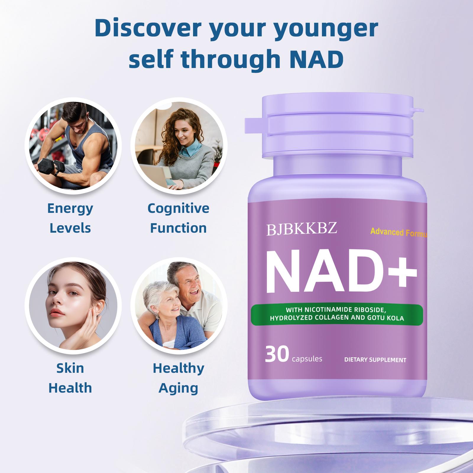 BJBKKBZ NAD+ Supplement with Nicotinamide Riboside, Hydrolyzed Collagen & Gotu Kola, Three-in-One Formula for Cell Revitalization, 30 Capsules