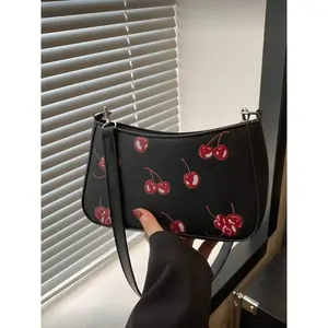 Fashion Cherry Print Underarm Shoulder Bag, Embellished Shoulder Bag, Ideal for Shopping, Wallets, Young Women, College Students, Office, Work, Travel, Outdoor Activities