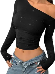 Sexy Asymmetrical Shoulder Long Sleeve T-Shirt, Slim Fit Top, Breathable Spring Fall Baselayer, Trendy Streetwear, Versatile Basic Tee sexy asymmetrical shoulder long sleeve T-shirt ins style fitted base layer top slim fit flattering long sleeve tee soft