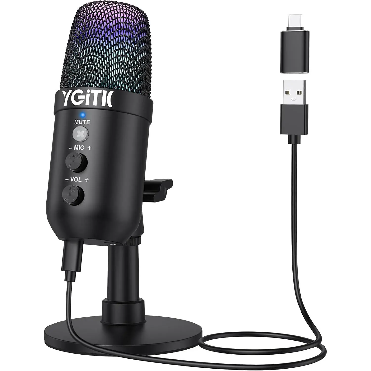 USB Gaming Microphone with RGB Lights Stand for PC, PS4, PS5 — Condenser Microphone Mute Headphones Jack, Noise Cancellation, Gain Control USB/XLR | Gaming, Podcasting, Streaming