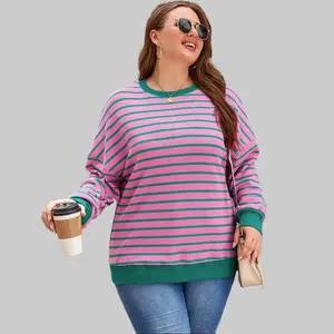 Dear-Lover Women's 3XL Plus Size Striped Pink Waffle Knit Crew Neck Longsleeves Knitting Top, Relaxed Fit Elastic Fabric Stylish Casual Womenswear