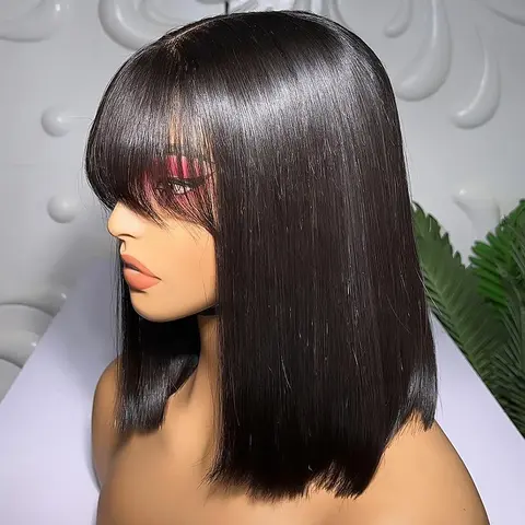4X1 Lace Front Human Hair Wigs for Women Natural Black Colored Bob Wigs 180 Density Straight Wigs with Straight Bangs