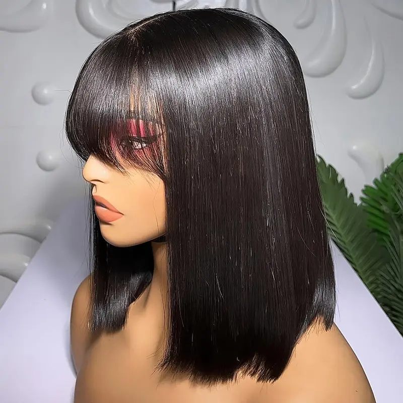 4X1 Lace Front Human Hair Wigs for Women Natural Black Colored Bob Wigs 180 Density Straight Wigs with Straight Bangs
