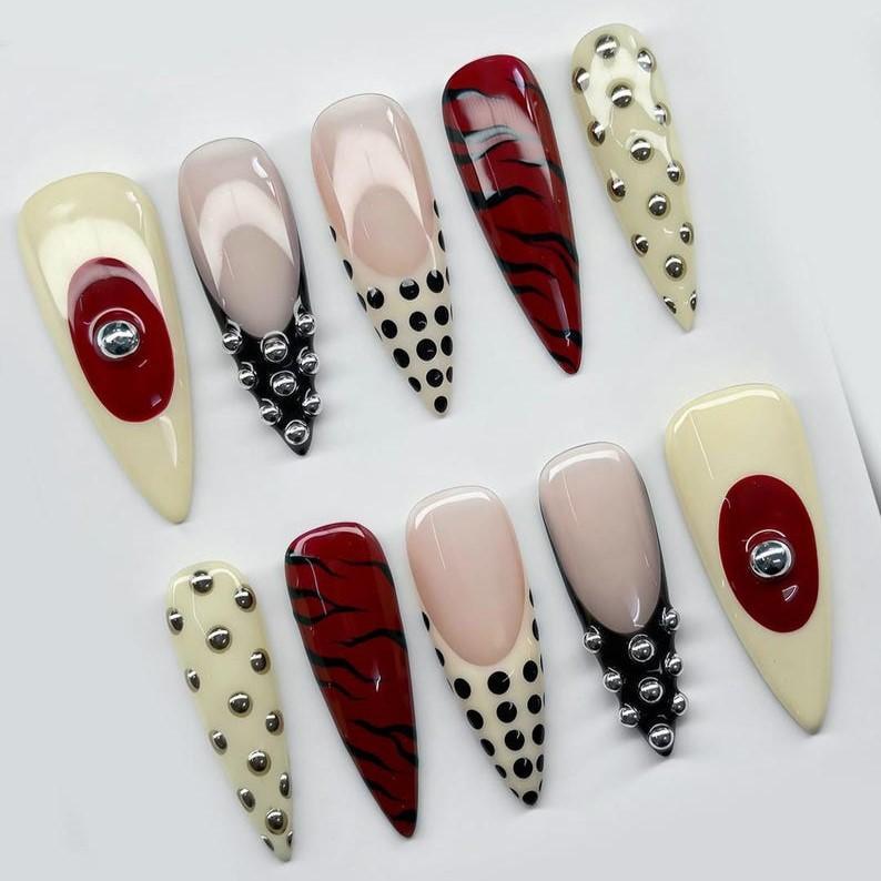 [FLASH SALE 50%] Punk Rock Press On Nails Red Black Stiletto Nails With Dot 3D Studded Punk Rock Nail Art French Tip Nails Y2K Nails Gothic Nails