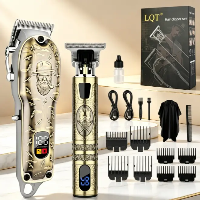 LQT 2-in-1 Vintage Engraved Bronze Barber Hair Clipper Set - Cordless LCD Digital Display Kit with 0-Gap T-Blade Detail Trimmer, Hair Cape, Guide Combs for Professional Salon & Home Grooming