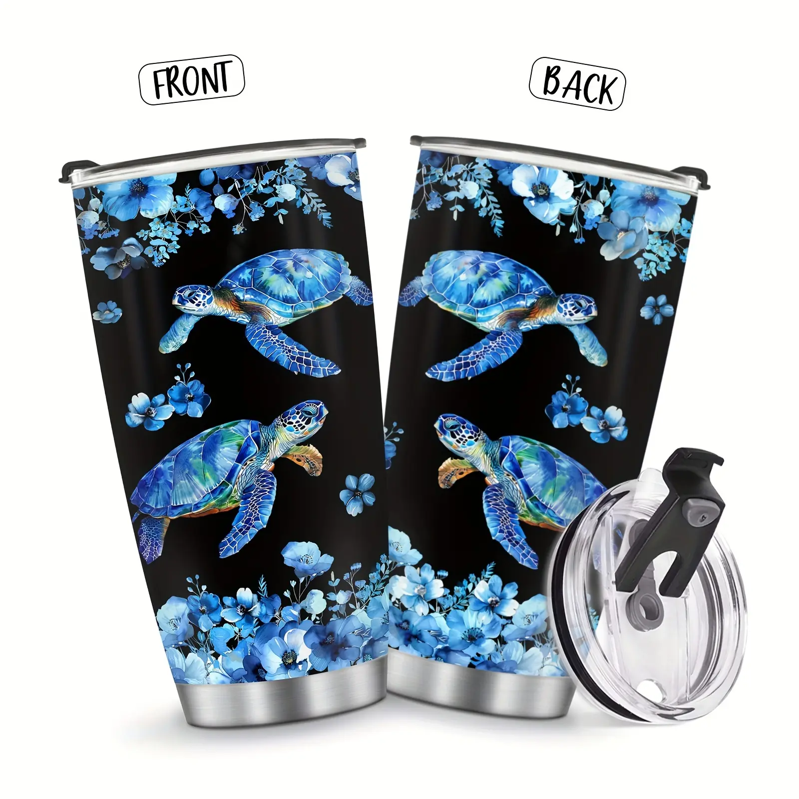 Women’s 20oz Printed Sea Turtle Stainless Steel Insulated Tumbler - Blue Floral Stainless Vacuum Flask with Lid, Ocean Themed Kitchenware Drinkware for Hot & Cold Travel Drinks, Stainless Vacuum Flasks