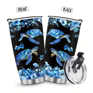 Women’s 20oz Portable Printed Sea Turtle Stainless Steel Insulated Flask - Blue Floral Vacuum   with Lid, Ocean Themed Kitchenware Drinkware for Hot & Cold Travel Drinks,summervibes bartender water bottle