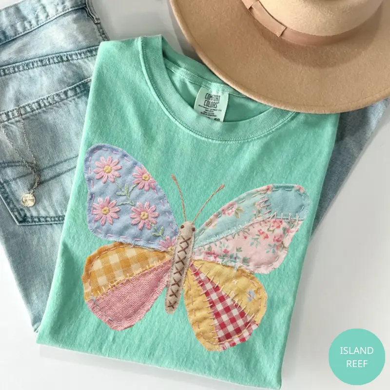 (Print) Comfort Colors Faux Patchwork Butterfly T-Shirt, Spring Butterfly Shirts, Shirts for Women, Floral Spring Top