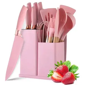 19 Pcs Kitchen Cooking Utensils and Knife Set with Block, Include 11 Pcs Silicone Cooking Utensils Set 5 Pieces Sharp Stainless Steel Chef Knives Scissors Whisk Tongs and Cutting Board (Pink) Stirring Pasta