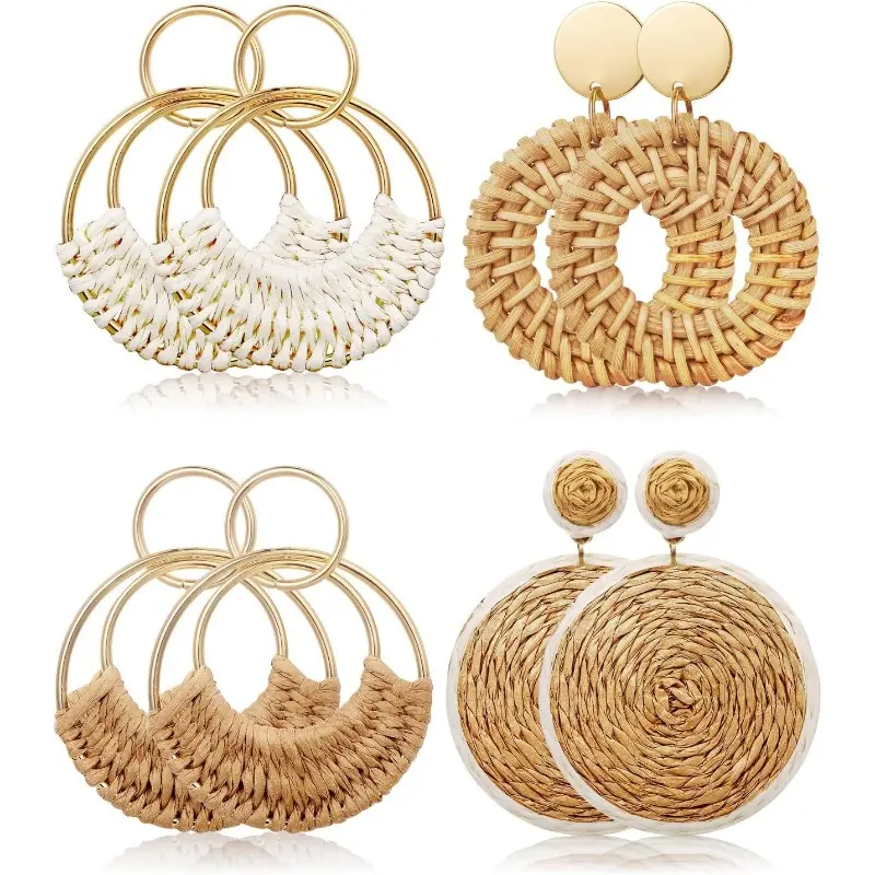 Women's 4-Pair 100% Handmade Lightweight Raffia Rattan Earrings - Round Textured Weave Hoops, Drop Dangle Earring Stacks, Vintage-Inspired Elegant Costume Jewelry, Jewelry For Women, Whimsical Earrings
