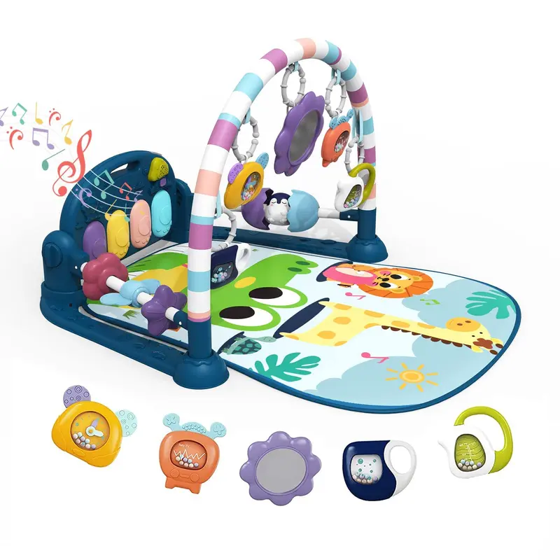 Dearlomum Colorful Plastic Interactive Shape & Music Note Playgym & Playmat - Unisex 0-3 Years Newborn Baby Piano Tummy Time Mat, 5 Infant Sensory Toys, Music & Lights, Battery-Operated, Ideal Boy & Girl Gift (Blue)