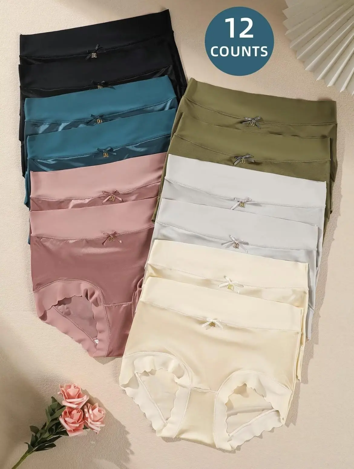High-waisted pure cotton women's panties, 6/12 pack, sexy lace lingerie set, featuring comfortable and breathable panties with a solid color design, suitable for everyday wear, elegant and suitable for all seasons.
