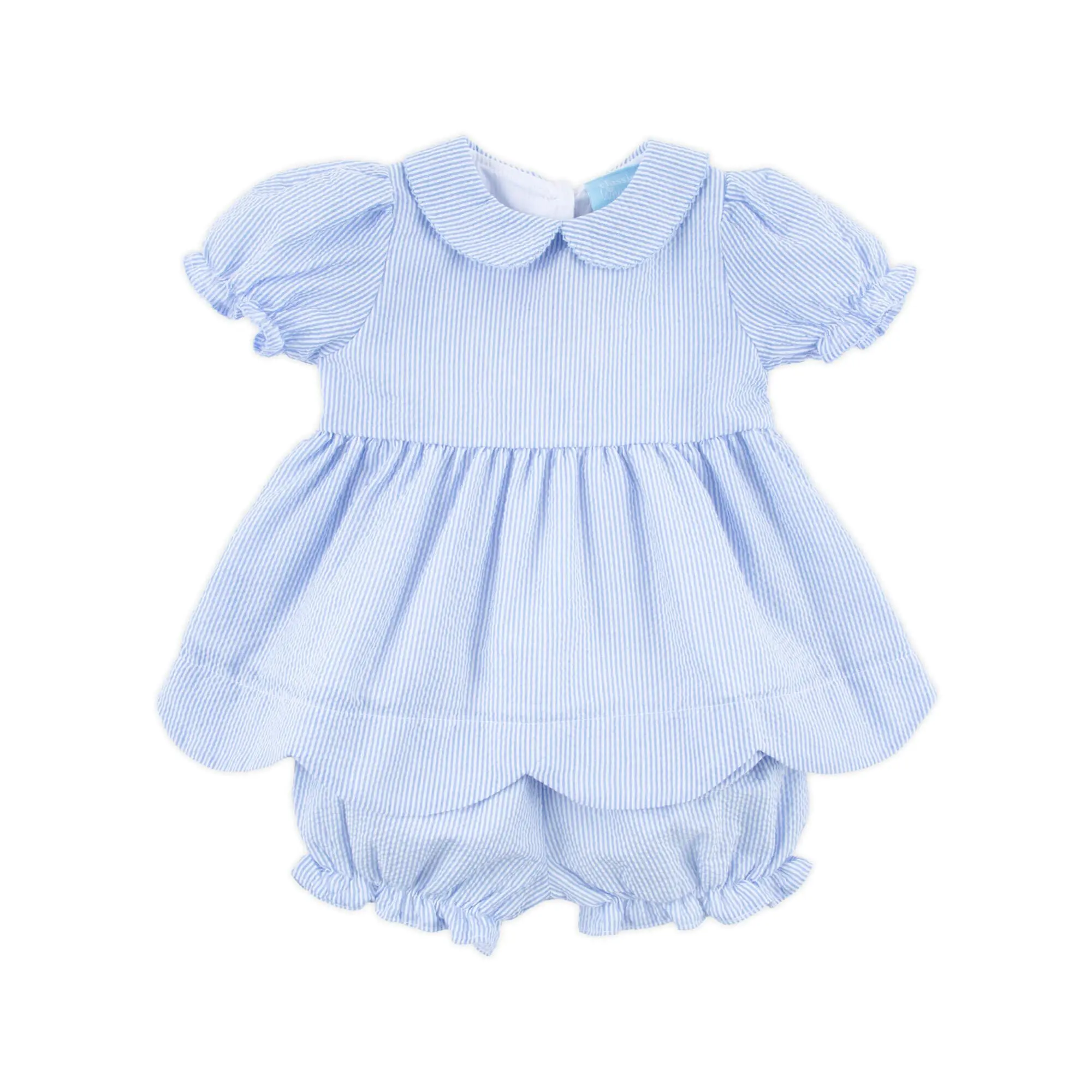 Light Blue Stripe Seersucker Collared Bloomer Set - Girls 2Pc Outfit