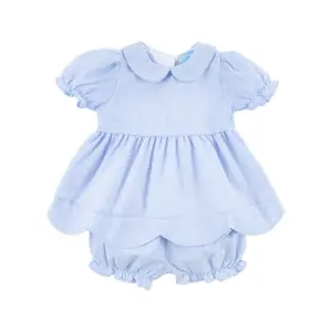 Light Blue Stripe Seersucker Collared Bloomer Set - Girls 2Pc Outfit