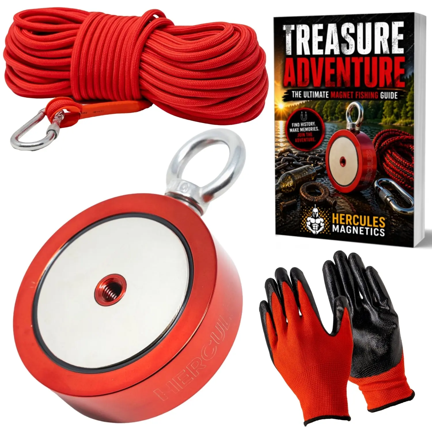 2000lb Double Sided Magnet Fishing Kit w/ 100ft Nylon Rope, Carabiner & Gloves with Free Magnet Fishing Guide Book