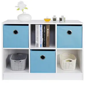 JupiterForce 6-Cube Composite Wood Storage Organizer Bookcase - White & Light Blue Minimal Design Indoor Furniture, 6-Cube Set with Drawer, Decor Shelves, Organizing Interior Box