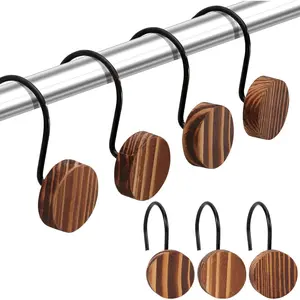 Rust Proof Boho Decorative Wood Shower Curtain Hooks, 12 Pack Brown Shower Hooks for Shower Curtain Hangers