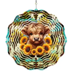 Cow Highland and Sunflower Wind Spinner - Charming Design for Gardens & Patios - Nature-Themed Decorative Wind Spinner - Versatile Outdoor Decor