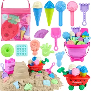 BP-TBT072   Beach Toys, Ice Cream Sand Toys with Collapsible Beach Bucket, Ice Cream Scoop and Cart, Sand Molds, Mesh Bag, Summer Outdoor Travel Toys for Toddlers 3-5B