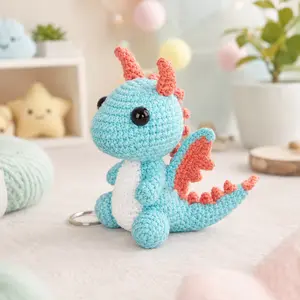 Handmade Blue Dragon Crochet Keychain, Mini Fantasy Amigurumi Animal Charm, Cute Bag Accessory Gift