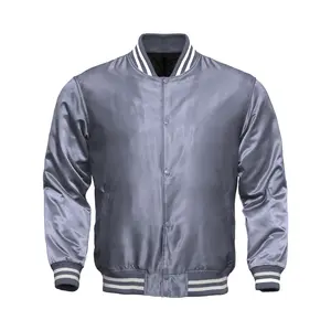 Deckra Men's Original Handmade Striped Varsity Satin Jacket - Long Sleeve, Stylish, Button-Closure, Pocket-Equipped All-Season Polyester Grey Casual Menswear Top