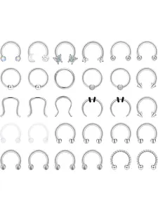 30Pcs 16G Septum Rings Stainless Steel Piercing Jewellery, Silver Horseshoe Nose Hoop Ring 10mm, Helix Daith Cartilage Earrings Smiley Jewellery for Men Women