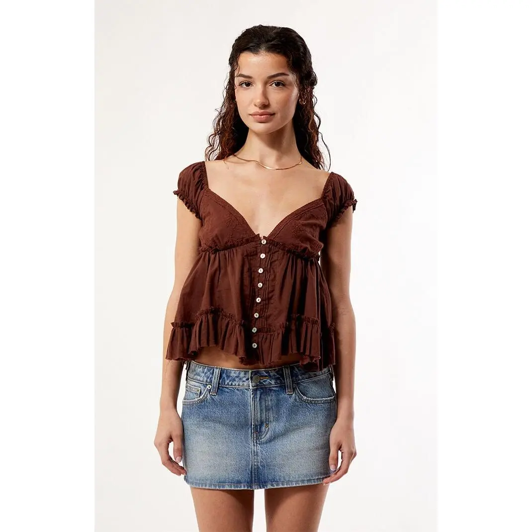 Your Favorite Women's Ellie Lace Trim Button Front Top - TikTok Shop