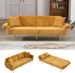 79" Corduroy Convertible Sofa Bed,Sleeper Sofa with Adjustable Armrests & Backrest, Multi-Functional Loveseat Couch with Throw Pillows & Metal Legs for Living Room, Apartment, Small Spaces (Yellow)