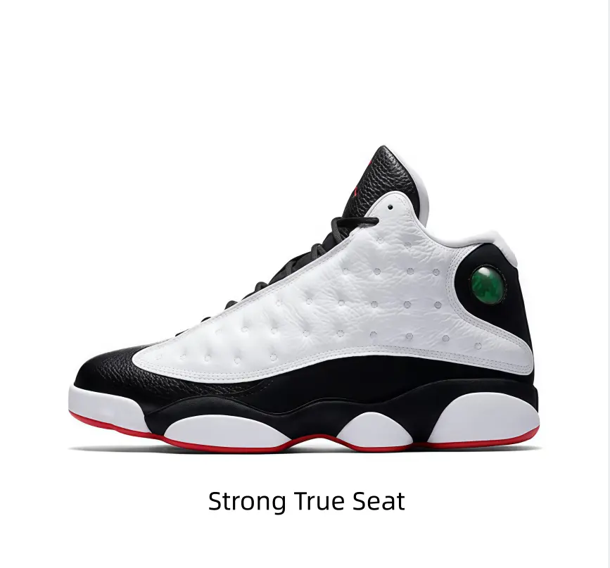 Classic black-and-white pebbled leather high-top sneakers with tiny red outsole trim! Soft dotted grain upper, black heel panel with glossy green circular accent, this timeless color-block shoe brings old-school street vibe to every outfit.