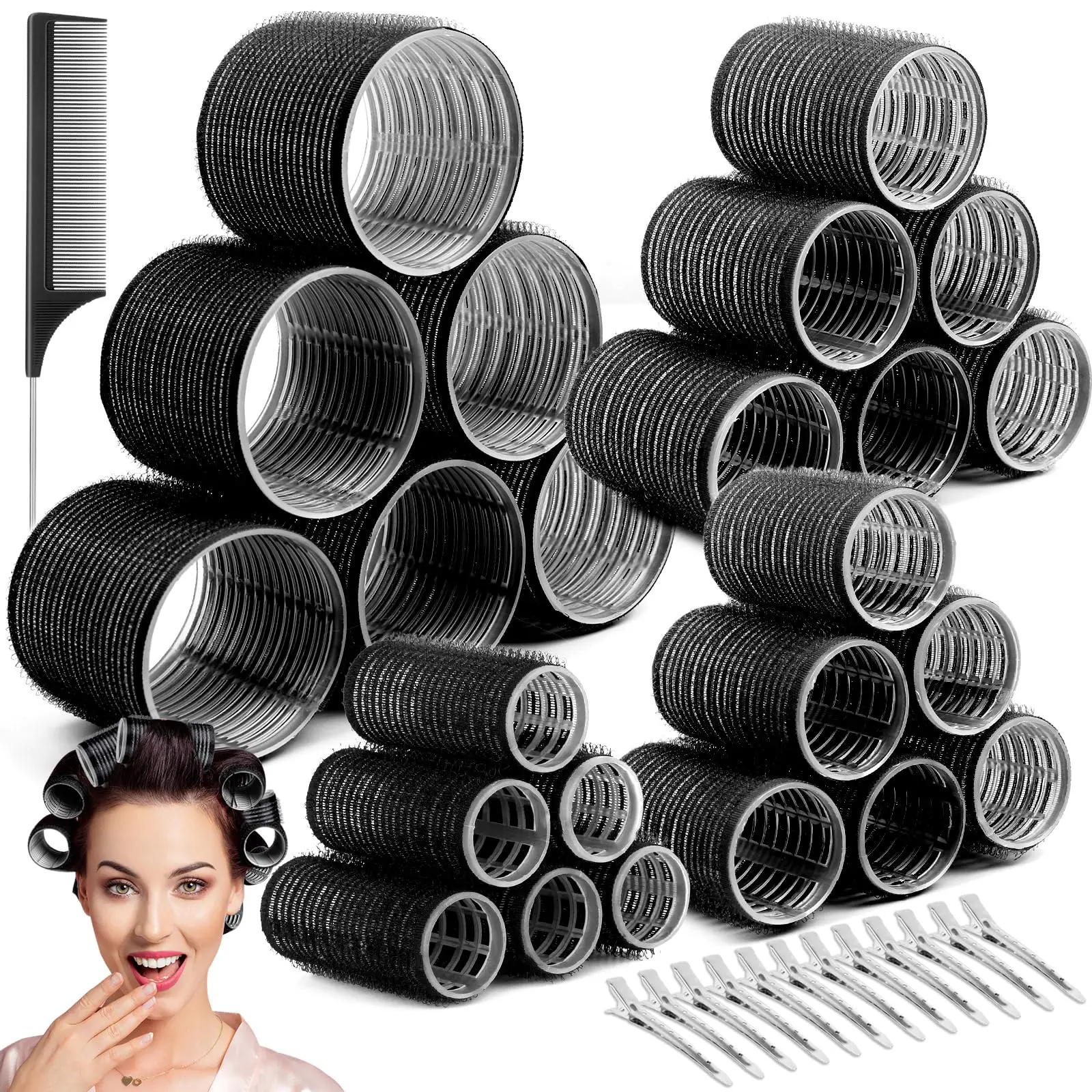 Hair Curler Rollers for Women 24PCS Heatless Hair Roller with 12PCS Clips, 4 SizesJumbo Large Medium SmallSelf Grip Holding Hair Rollers for Long Medium Short Thick Fine Volume Thin Bangs Hair