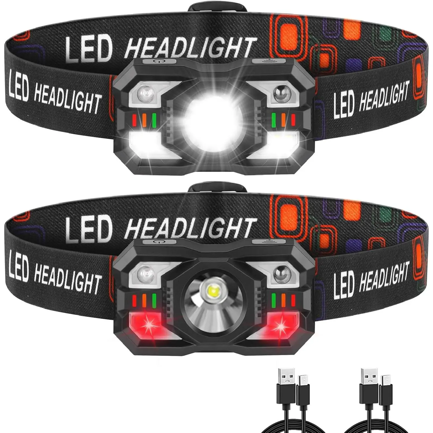 Headlamp Rechargeable, LED Headlamp with Red Light, 2Pack Headlamps for Adults, Head Lamps LED Rechargeable, Headlight Motion Sensor, Head Lights for Forehead Hardhat Running Hunting Camping,