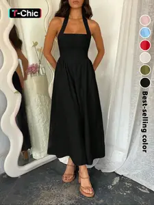 Women's Plain Pocket Zipper Back Dress, Casual Sleeveless Halter Neck A Line Dress for Summer, Ladies Clothes for Beach Holiday, Brunch Dresses, Casual Wear, Casual Chic Dress, Casual Chic Outfit, Womenswear
