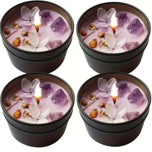 4-piece set of purple amethyst lavender soy wax scented candles with crystal petals embedded, aesthetic fragrance in iron tin candles, home decor for relaxation and gifting, creative/candle making - mold materials