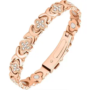 Flower Copper Bracelet, Adjustable Vintage Flower Magnetic Pure Copper Bracelets with Cubic Zirconia for Men & Women, Four-leaf Clover Jewelry with Gift Box