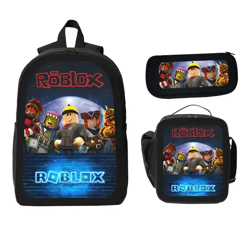 Roblox Print 3-Piece Fabric Storage Backpack Set - Kids' School Bag with Lunch Box, Pencil Case, Lightweight, Durable, Trendy TikTok-Style for Teenagers Students