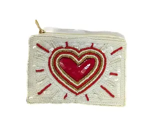 Beaded Coin Purse with Heart Design and Red Accents, Featuring Red Beads and Silver Accents, Ideal for Everyday Use