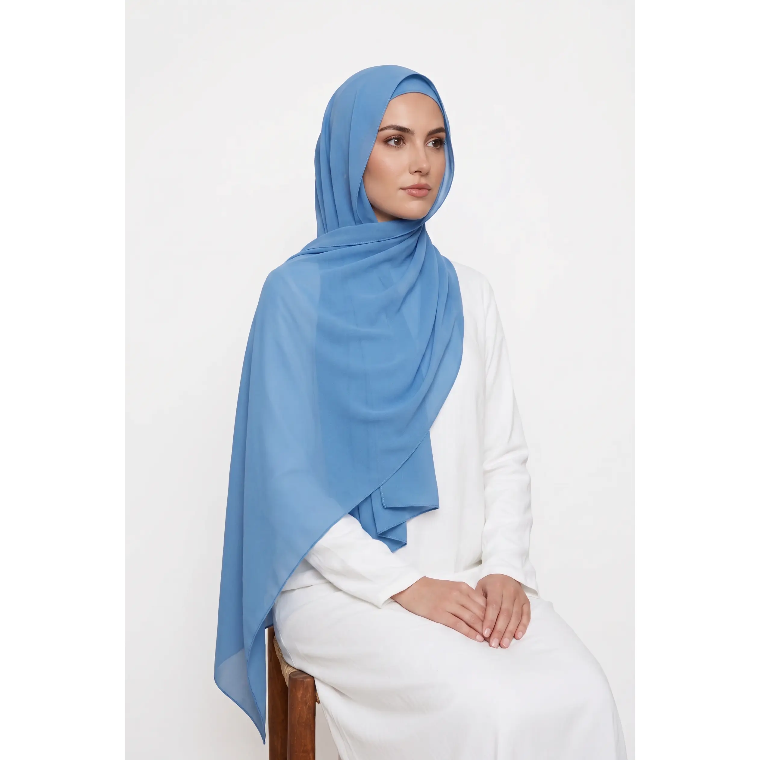 Muslim Fashion Coastal Blue Solid Color Pashmina Hijab, 70x180cm Lightweight Chiffon Scarf for Modest Wear, Solid Color Pashmina Scarves