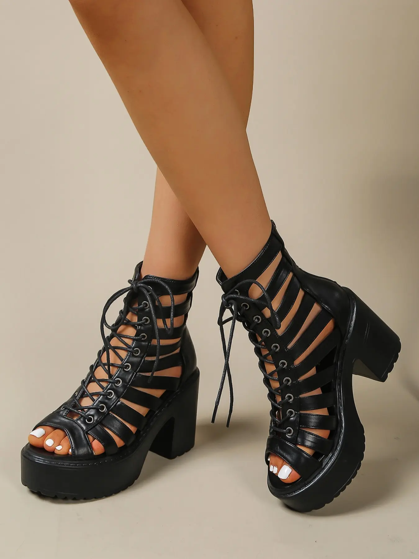 Women's 10CM Comfortable Casual Chunky Heel High Heels Platform Gladiator Sandals | Gothic Y2K Punk Dark Style | PU Leather, Lace Up, Back Zipper, Cutout Straps, Peep Toe, Non-Slip Sole For Rave, Festival, Cosplay, Club, Streetwear, Party Nightclub Shoes