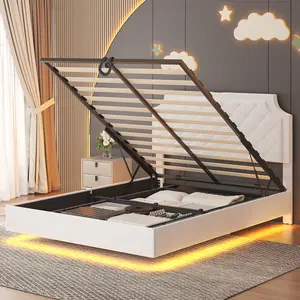 Velvet Full/Queen Bed with APP-Controlled RGB LED Lights & Storage Base | Smart Platform Bed with Adjustable Headboard, Floating Effect & USB/AC Outlets | 196x142cm Modern Bed Frame with Lift-Up Design